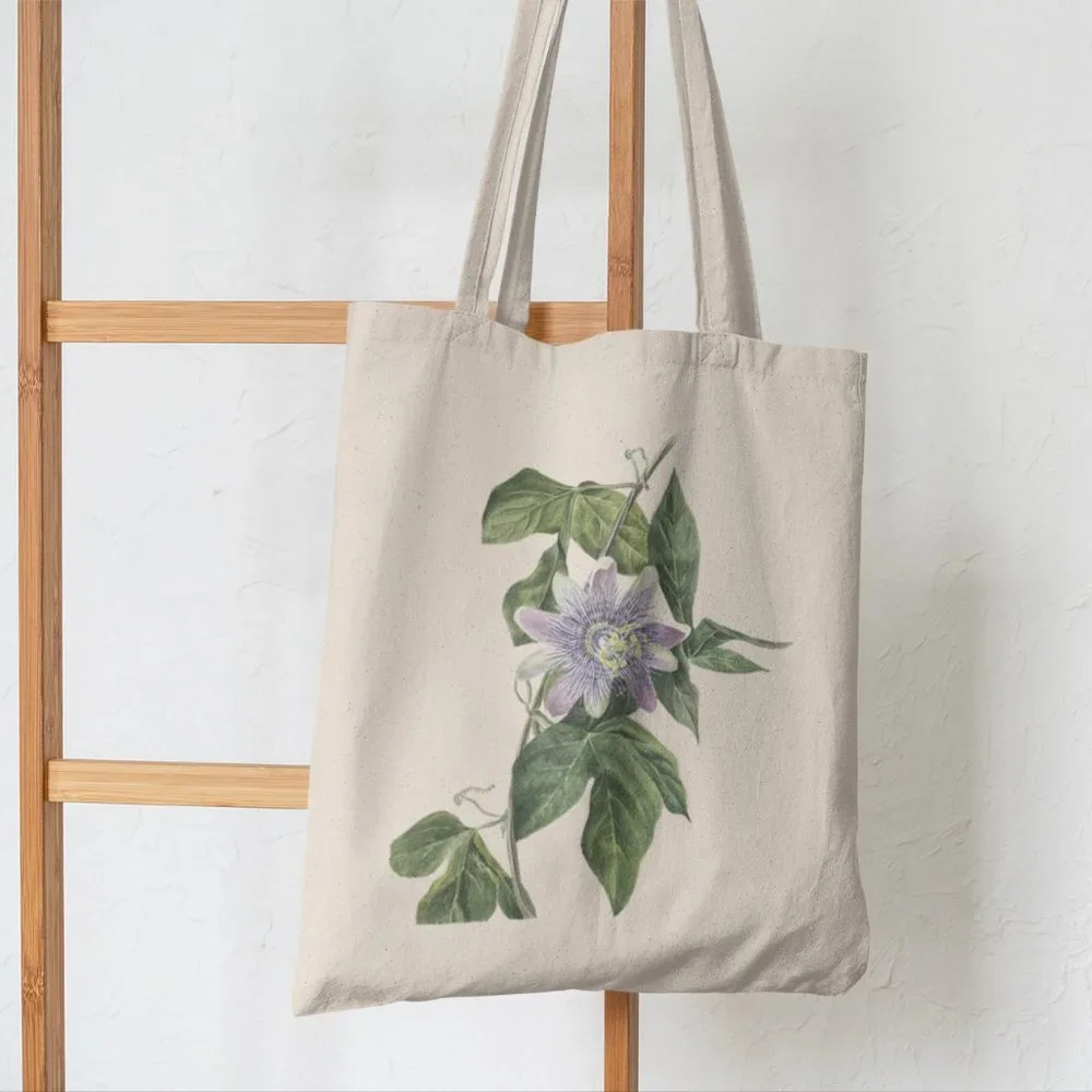 Purple Passion Flower Vintage Watercolor Floral Print Graphic Canvas Tote Bag